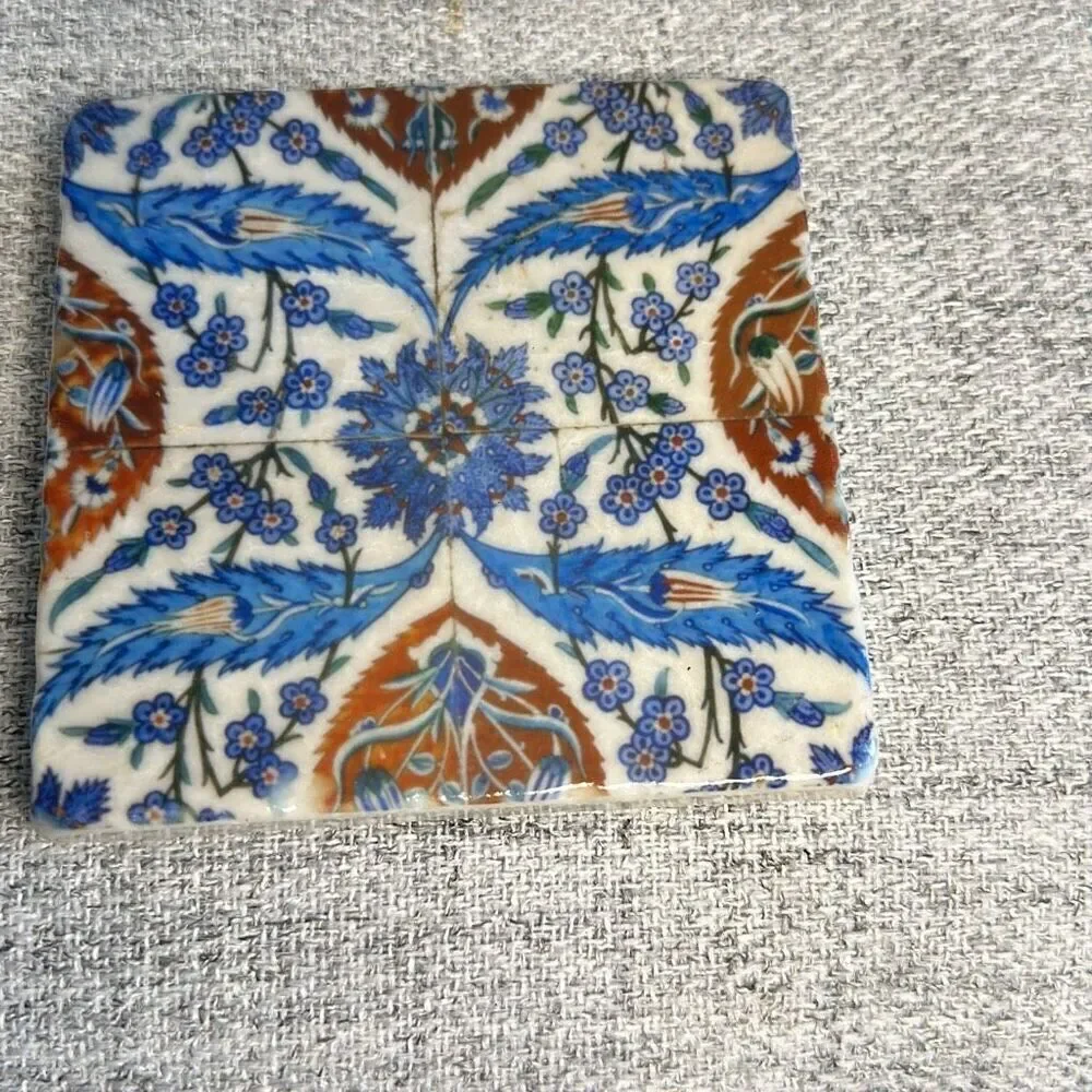 Turkish Stone Coasters: Bohemian Blue Floral Decor, Set of 4- NWOT